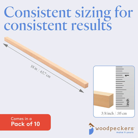 Premium Square Wood Dowel Rods For Serious Crafting And Diy Woodworking Projects Hella Durable 3/8 Inch By 18 Inch Natural Craft Sticks shown with measurement.
