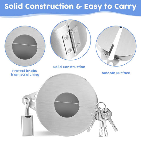 Silver Door Knob Lockout Device With Padlock And Keys, Heavy Duty Lock Cover For Doors Faucets And Valves, shown with keys and lock