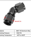6AN Female To 6AN Female 45 Degree Low Profile Swivel Coupler Union Fitting Adapter Aluminum Dope Black AN6 9/16-18 UNF High Pressure 1500 PSI -40 To 250 F, 45-degree elbow, 18mm