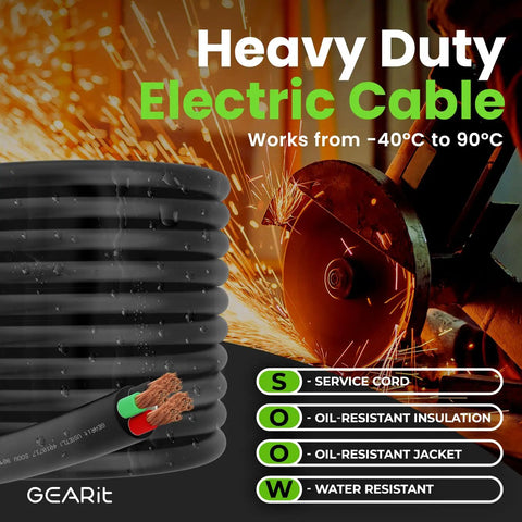 Heavy duty electric cable and saw with sparks, showcasing 50 Ft SOOW Portable Power Cable 12/4 Gauge Four-Conductor, 600V.