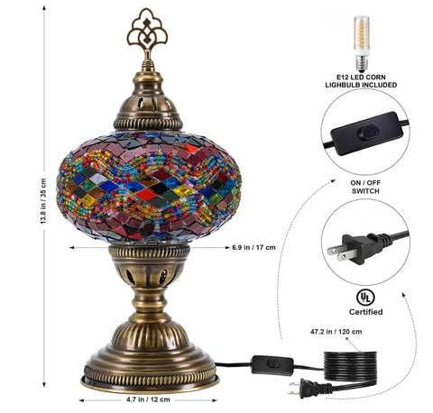 Moroccan Turkish Mosaic Glass Lamp For Bedside And Desk, Handmade Vintage Style Light With Colorful Glass Beads, E12 Socket