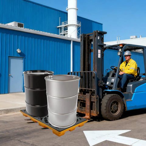Heavy Duty Two Drum Spill Containment Platform Workhorse With 2000 Lb Capacity, Compliant Spill Pallet With Drain Outlet and Forklift Pockets