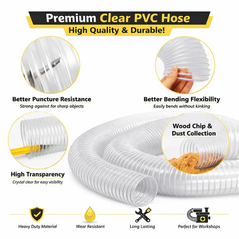 Heavy Duty Four Inch PVC Dust Collection Hose With Killer Suction Power And Reinforced Wire Spiral For Zero Drama Kink Free Hookup In Auto Garages And Woodworking Benches Includes Four Quick Clamps, clear hose showcasing flexibility and puncture resistance.