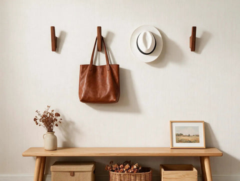 Rock-Solid Natural Walnut Wood 4 Pack Wall-Mounted Coat Hooks with a leather bag and hat against a light wall.