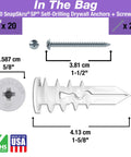 SnapSkru SP Self-Drilling Drywall Anchor For Hollow Walls Made In USA Pack Of 20, shown with dimensions and included screws.