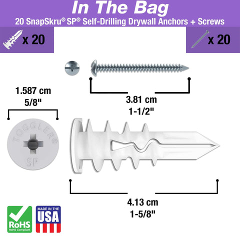 SnapSkru SP Self-Drilling Drywall Anchor For Hollow Walls Made In USA Pack Of 20, shown with dimensions and included screws.