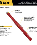 Pin punch from 12-Piece Chisel And Punch Set Pro Grade Heavy Duty Tools With Cold Chisels Center Punches And Pin Punches One-Piece Forged Construction Hardened And Tempered For Longevity Red Powder Coat For High Visibility Hex Handles To Prevent Rolling