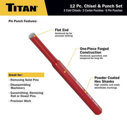 Pin punch from 12-Piece Chisel And Punch Set Pro Grade Heavy Duty Tools With Cold Chisels Center Punches And Pin Punches One-Piece Forged Construction Hardened And Tempered For Longevity Red Powder Coat For High Visibility Hex Handles To Prevent Rolling