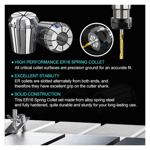 Get A Durable Spring Collet Set With Multiple Sizes Like Er8 And Er11 For Precision Work. High performance ER16 spring collet shown.