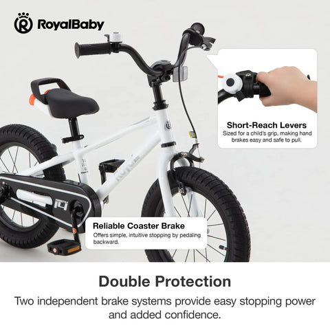 Freestyle 16 Inch Kids Bike For Boys And Girls, BMX Style Ride with short-reach safety handbrake, white frame and training wheels.