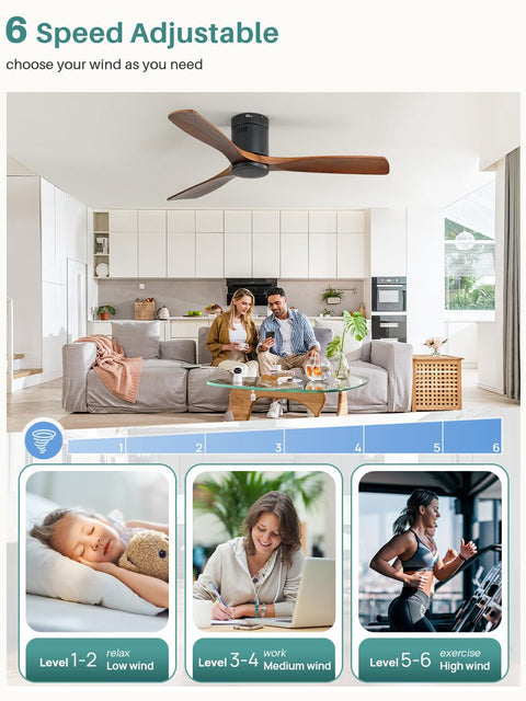 Living room with 52 Inch Solid Wood Ceiling Fan With Remote Control No Light Flush Mount Wood Blades Whisper Quiet DC Motor