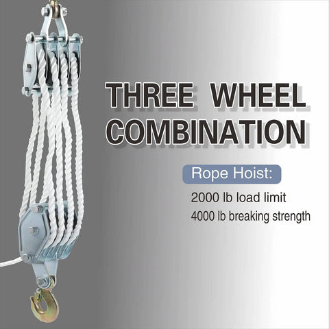 Beefy 2 Ton Rope Hoist Pulley Kit With 65 Ft 0.3 In Poly Rope 7To1 Wheel Block And Tackle illustrating three wheel combination