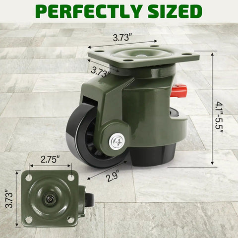Heavy Duty Leveling Casters With Ratchet Arm Set Of 4, 6600 Lb Capacity, Retractable Height Adjustment, Nylon Wheels, Green, Ideal For Moving Heavy Equipment And Machines With A Smooth Roll