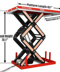 Heavy Duty 4400 Lb Electric Hydraulic Double Scissor Lift Table With 70.1 Inch Lift, 63 By 39.4 Inch Platform, UL Certified Motor, Model ELTD44L