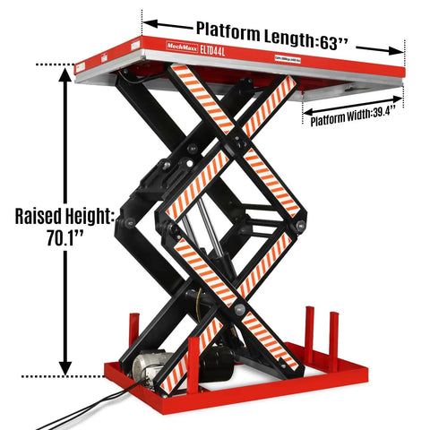Heavy Duty 4400 Lb Electric Hydraulic Double Scissor Lift Table With 70.1 Inch Lift, 63 By 39.4 Inch Platform, UL Certified Motor, Model ELTD44L