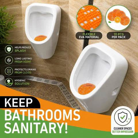Image of two urinals with Ten Pack Long Lasting Orange Scent Urinal Screens Deodorizers With Splash Control Tech in use.
