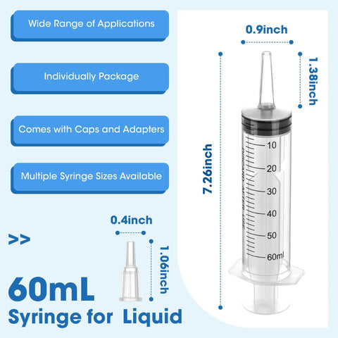 60mL Large Plastic Syringe 3 Pack With Adapter For Liquid Transfer Airtight Smooth Plunger Individually Wrapped Sterile Syringes