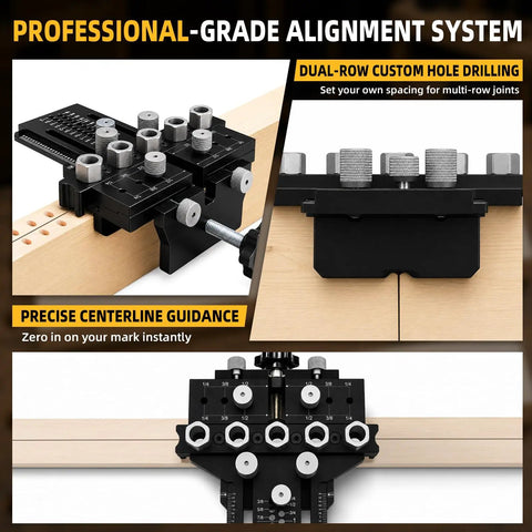 Heavy Duty 5 Hole Dowel Jig For Cabinet Crafting And Furniture Assembly Featuring robust alloy steel frame, detailed drilling guides.