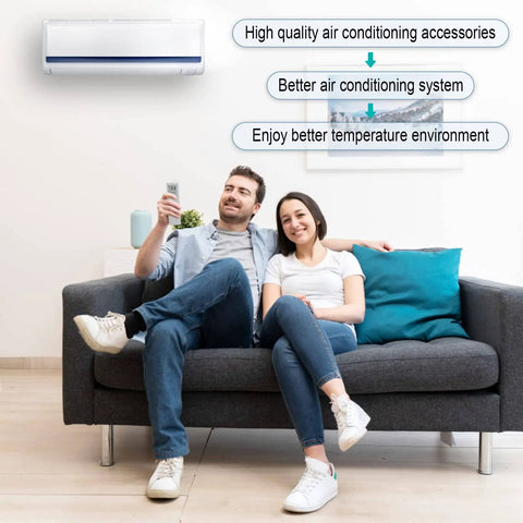 Couple on sofa using remote to control wall-mounted air conditioner with text about high quality air conditioning accessories.