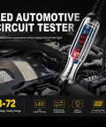 Upgraded 3 To 72 Volt LED Digital Automotive Circuit Tester with DC voltage reading displayed near engine, stainless probe.