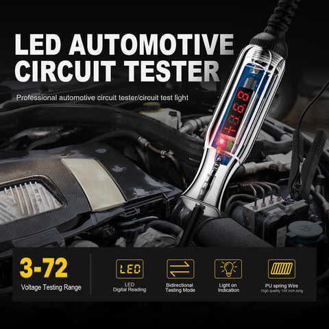 Upgraded 3 To 72 Volt LED Digital Automotive Circuit Tester with DC voltage reading displayed near engine, stainless probe.