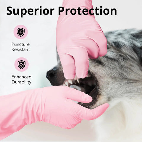 A hand wearing Top Shelf Disposable Nitrile Dish Gloves With Extended 12 Inch Cuff, 6 Mil Thick Guard, Cherry Blossom Print, Latex Free, Straight Up Reliable For Deep Cleaning And Hair Dye, Box Of 100, examining a dog's mouth.