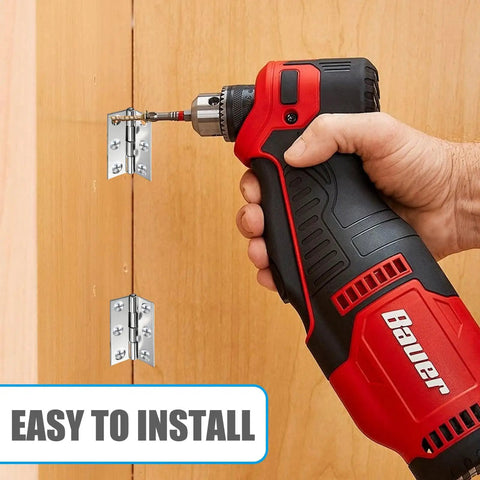 Hand using drill to install Premier Pack Of 20 Folding Hinges 44 mm By 32 mm Stainless Steel Door Hinges With Screws
