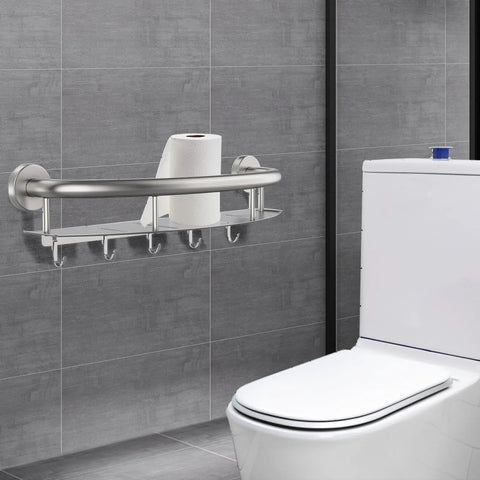 18 Inch Shower Grab Bar With Storage Shelf Brushed Nickel Stainless Steel Handicap Safety Rail mounted beside toilet with paper holder
