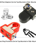 Solid Brass Battery Terminals For Car Audio Upgrades equipped for top or side placement, showing various post adapters in colors.