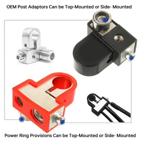 Solid Brass Battery Terminals For Car Audio Upgrades equipped for top or side placement, showing various post adapters in colors.