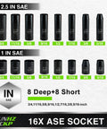 Three Eighth Inch Drive Impact Socket Set With 52 Pieces SAE And Metric Deep And Shallow 6 Point Sockets Includes 16 SAE Sockets