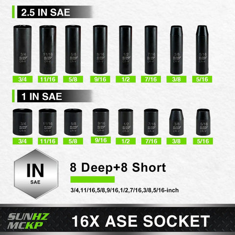 Three Eighth Inch Drive Impact Socket Set With 52 Pieces SAE And Metric Deep And Shallow 6 Point Sockets Includes 16 SAE Sockets