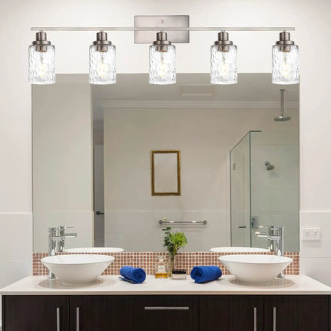 5-Light Black Vanity Light Over Mirror, Contemporary Industrial Wall Lamp With Clear Hammered Glass Shades, Bathroom Fixture