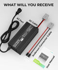 Built Different 24V LiFePO4 Battery Charger 20 Amp Fast Charge With Anderson Connector And Clear Led Display, AC port, DC cable, user manual.
