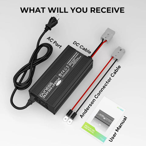 Built Different 24V LiFePO4 Battery Charger 20 Amp Fast Charge With Anderson Connector And Clear Led Display, AC port, DC cable, user manual.