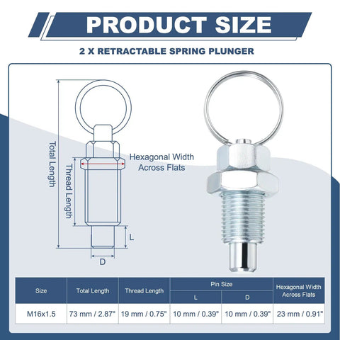 Top Shelf 2 Pack Retractable Spring Plunger With Pull Ring M16x1.5 Carbon Steel Indexing Pin size diagram with measurements.
