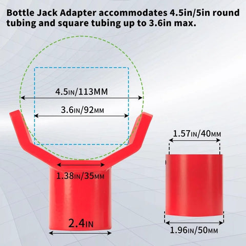 Diagram of 2 In 1 Bottle Jack Adapter For 12 Ton And 20 Ton, showing dimensions and compatibility with axles and saddles.