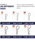 R Shaped Heavy Duty Cotter Pin Kit, 50 Pcs Zinc Plated Alloy Steel Pins In 6 Sizes, shown with quantities and sizes labeled