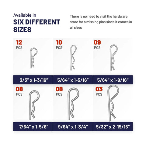 R Shaped Heavy Duty Cotter Pin Kit, 50 Pcs Zinc Plated Alloy Steel Pins In 6 Sizes, shown with quantities and sizes labeled