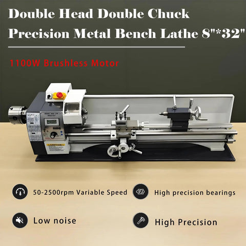 Jaryannix 8x32 Inch Mini Metal Lathe, 1100W Benchtop Machine With Variable Speed Control Up To 2500Rpm on a workbench.