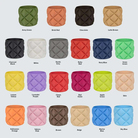 Colorful quilted patterns showcasing various shades like Army Green, Ruby Red, and Beige, including Skin tone, for design inspiration.