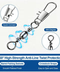 No More Line Twists With Ball Bearing Fishing Swivels, Anti Tangling Design With 360 Rotation, Quick Connect Safety Snaps, Saltwater And Freshwater Ready, 200 Pack For Smooth Casting And Trouble Free Retrieval. Metal ball bearing fishing swivel and snap close-up.