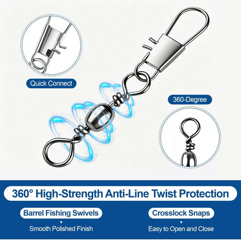 No More Line Twists With Ball Bearing Fishing Swivels, Anti Tangling Design With 360 Rotation, Quick Connect Safety Snaps, Saltwater And Freshwater Ready, 200 Pack For Smooth Casting And Trouble Free Retrieval. Metal ball bearing fishing swivel and snap close-up.
