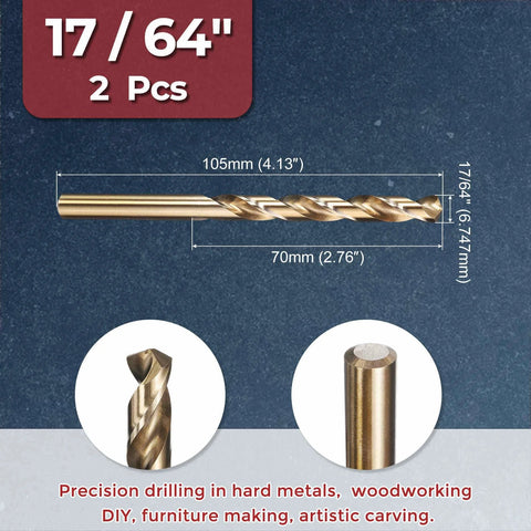 Kozelo 2pc gold twist drill bit set, 17/64 in diameter, M2 high-speed steel