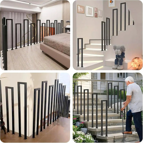Floor Mounted U Shaped Stair Handrail Matte Black Heavy Duty Iron Railing Indoor Outdoor Steps, various angles and uses. 37 inches long.
