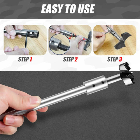Step-by-step usage of Hella Tight 4 Piece Forstner Bit Extension Shaft while drilling, showcasing easy tool adjustments.