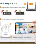 Setup steps for Indoor Wireless Security Camera With Pan Tilt And WiFi App Control; shows app download, network connection, remote view.
