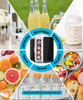Image showcasing the 10L Portable Mini Fridge For Dorm, Office And Desk Use Black 2.6 Gal Compact Cooler With AC And DC Adapters surrounded by skincare, beverages, breast milk, snacks, fruits, and insulin with temperature range.