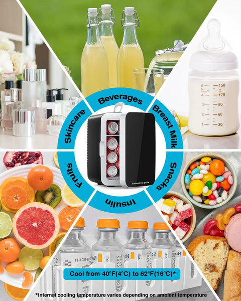 Image showcasing the 10L Portable Mini Fridge For Dorm, Office And Desk Use Black 2.6 Gal Compact Cooler With AC And DC Adapters surrounded by skincare, beverages, breast milk, snacks, fruits, and insulin with temperature range.