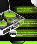 Porcelain Tile Diamond Core Drill Bit Set And Hole Saw Kit, 12 Piece in open aluminum case with diamond grains detail.
